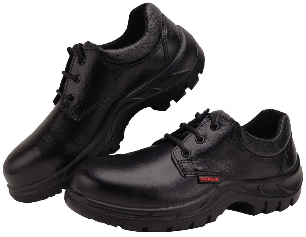 KARAM FS05 Black Leather Safety Shoes for Men | Single Density with Steel Toe | Antistatic, Antislip, Oil & Heat Resistant