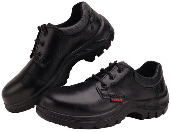 KARAM FS05 Black Leather Safety Shoes for Men | Single Density with Steel Toe | Antistatic, Antislip, Oil & Heat Resistant