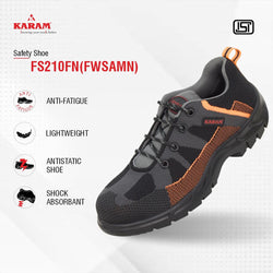 KARAM Flytex FS210 Safety Shoes for Men | Sporty Design, Lightweight with Single Density | Antistatic, Antislip, Oil & Heat Resistant with Fiber Toe | Grey & Orange