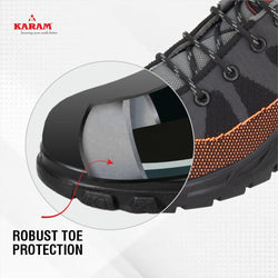 KARAM Flytex FS210 Safety Shoes for Men | Sporty Design, Lightweight with Single Density | Antistatic, Antislip, Oil & Heat Resistant with Fiber Toe | Grey & Orange