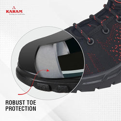 KARAM Flytex FS215 Safety Shoe | ISI Marked, Excellent Grip, Comfort & Slip Resistance | Sporty Design, Lightweight & Single Density with Fibre Toe | Red & Black | FS215FN(FWSAMN)