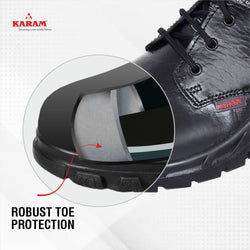 KARAM FS05 Black Leather Safety Shoes for Men | Single Density with Steel Toe | Antistatic, Antislip, Oil & Heat Resistant