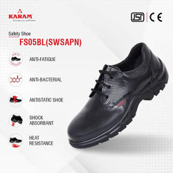KARAM FS05 Black Leather Safety Shoes for Men | Single Density with Steel Toe | Antistatic, Antislip, Oil & Heat Resistant