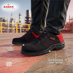 KARAM Flytex FS215 Safety Shoe | ISI Marked, Excellent Grip, Comfort & Slip Resistance | Sporty Design, Lightweight & Single Density with Fibre Toe | Red & Black | FS215FN(FWSAMN)