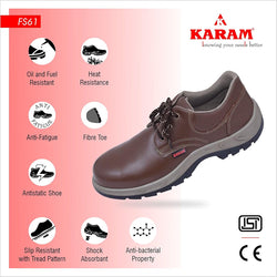 Karam FS61 Brown Leather Safety Shoes for Men | Double Density with Fiber Toe | Antistatic, Antislip, Oil & Heat Resistant