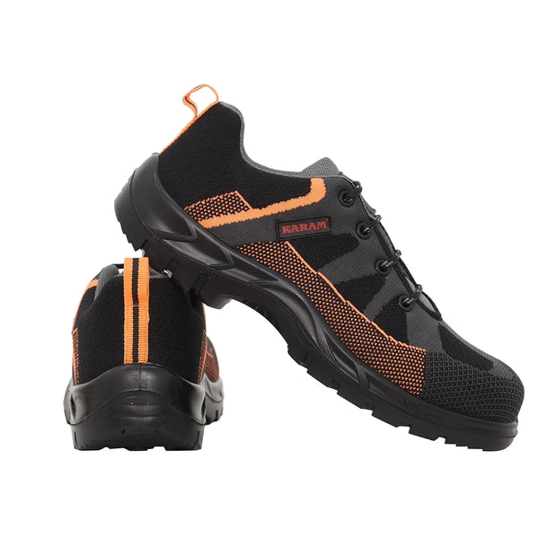 KARAM Flytex FS210 Safety Shoes for Men | Sporty Design, Lightweight with Single Density | Antistatic, Antislip, Oil & Heat Resistant with Fiber Toe | Grey & Orange
