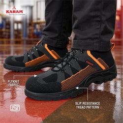 KARAM Flytex FS210 Safety Shoes for Men | Sporty Design, Lightweight with Single Density | Antistatic, Antislip, Oil & Heat Resistant with Fiber Toe | Grey & Orange