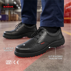 KARAM FS05 Black Leather Safety Shoes for Men | Single Density with Steel Toe | Antistatic, Antislip, Oil & Heat Resistant