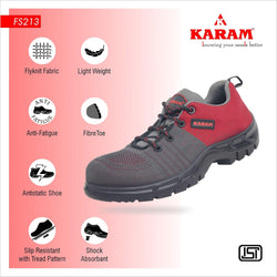 Karam Flytex FS213 Safety Shoes for Men | Sporty Design, Lightweight with Single Density | Antistatic, Antislip, Oil & Heat Resistant with Fiber Toe | Grey & Red