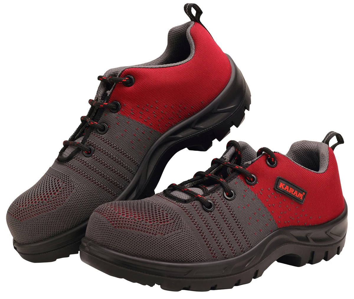 Karam Flytex FS213 Safety Shoes for Men | Sporty Design, Lightweight with Single Density | Antistatic, Antislip, Oil & Heat Resistant with Fiber Toe | Grey & Red