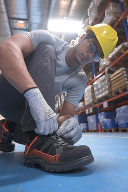 KARAM Flytex FS210 Safety Shoes for Men | Sporty Design, Lightweight with Single Density | Antistatic, Antislip, Oil & Heat Resistant with Fiber Toe | Grey & Orange