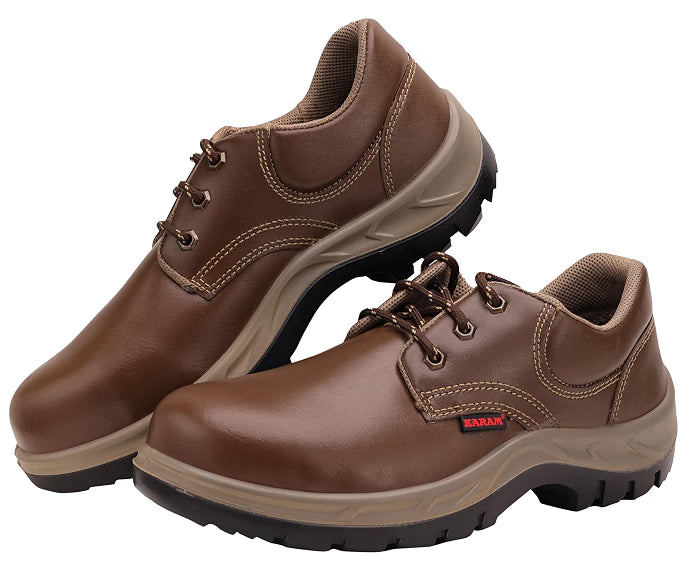 Karam FS61 Brown Leather Safety Shoes for Men | Double Density with Fiber Toe | Antistatic, Antislip, Oil & Heat Resistant