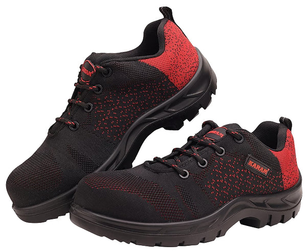 KARAM Flytex FS215 Safety Shoe | ISI Marked, Excellent Grip, Comfort & Slip Resistance | Sporty Design, Lightweight & Single Density with Fibre Toe | Red & Black | FS215FN(FWSAMN)