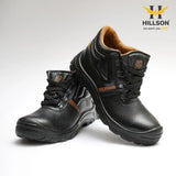 HILLSON Apache Grain Leather ISI & CE Certified Protective Safety Footwear with 200J Toe Cap (Steel Toe,) Black