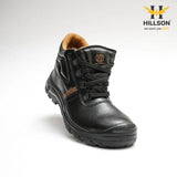 HILLSON Apache Grain Leather ISI & CE Certified Protective Safety Footwear with 200J Toe Cap (Steel Toe,) Black