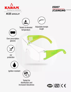 Karam ES007 Safety Goggles with Clear Lens | Scratch & Impact Resistant | Safety Glasses for Multipurpose Use for Pollution, Dust, Riding & Construction Work
