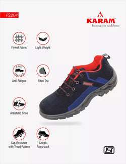 Karam Flytex FS204 Safety Shoes for Men | Sporty Design, Lightweight with Single Density | Antistatic, Antislip, Oil & Heat Resistant with Fiber Toe | Black & Blue