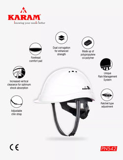 KARAM PN542 Safety Helmet for Men Industrial & Construction Helmet | Ratchet Type Adjustment with Adjustable Chin Strap | Ventilation & Side Slot for Attachment | EN Certified Hard Hat